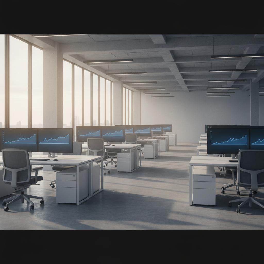 An empty sales floor with rows of empty desks, illustrating the impact of AI sales development representative replacement on the workforce.