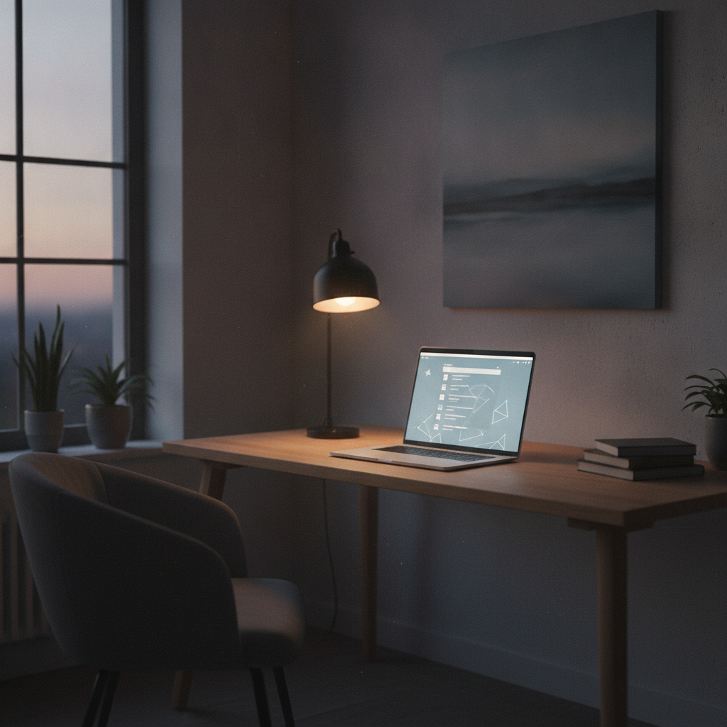 A clean desk with a laptop showing an organized inbox, symbolizing the peace achieved with an autonomous AI email agent for inbox management.