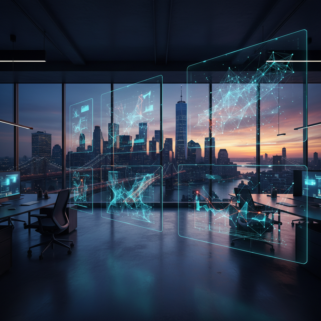 A futuristic view of the New York skyline, representing the best AI agents for new york businesses and finance 2026 in action.