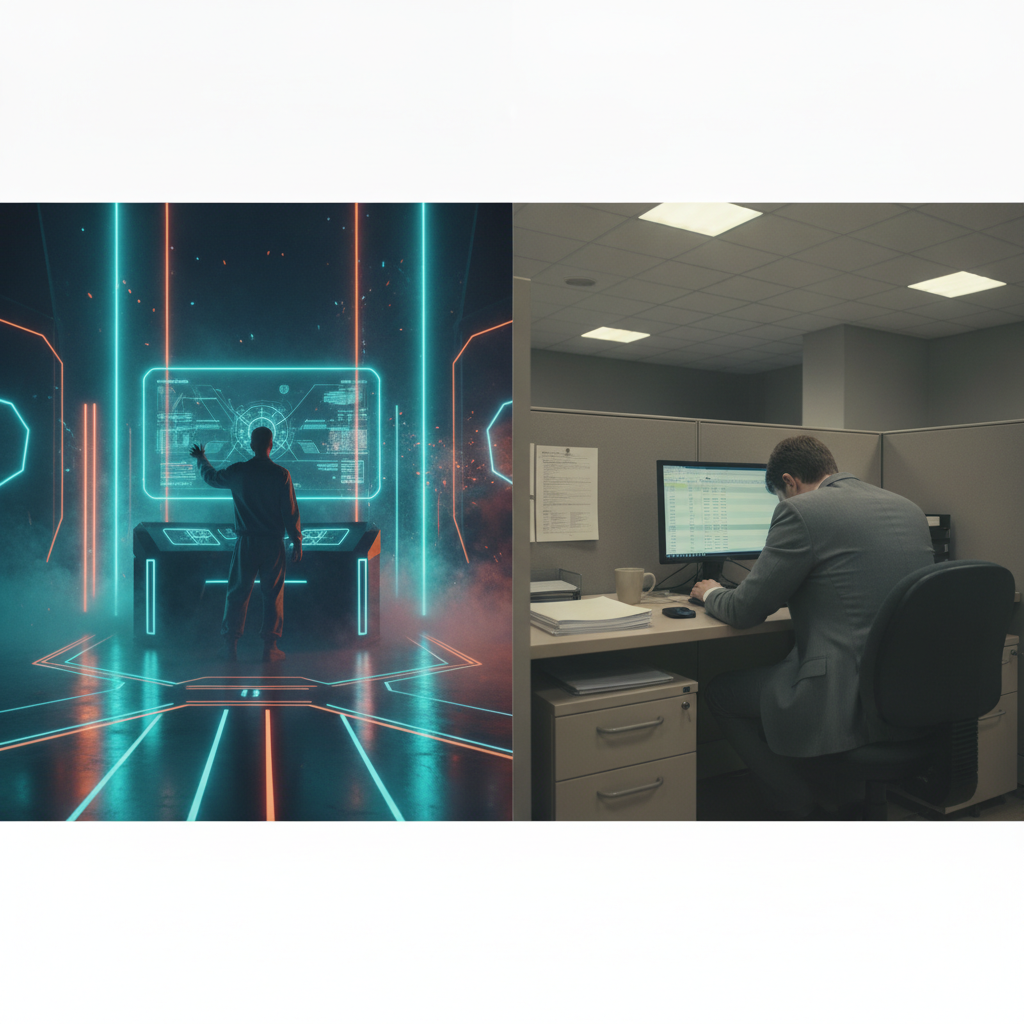 An illustration of the biggest problem with AI in 2026: builders vs users, showing a flashy demo stage next to a bored office worker.