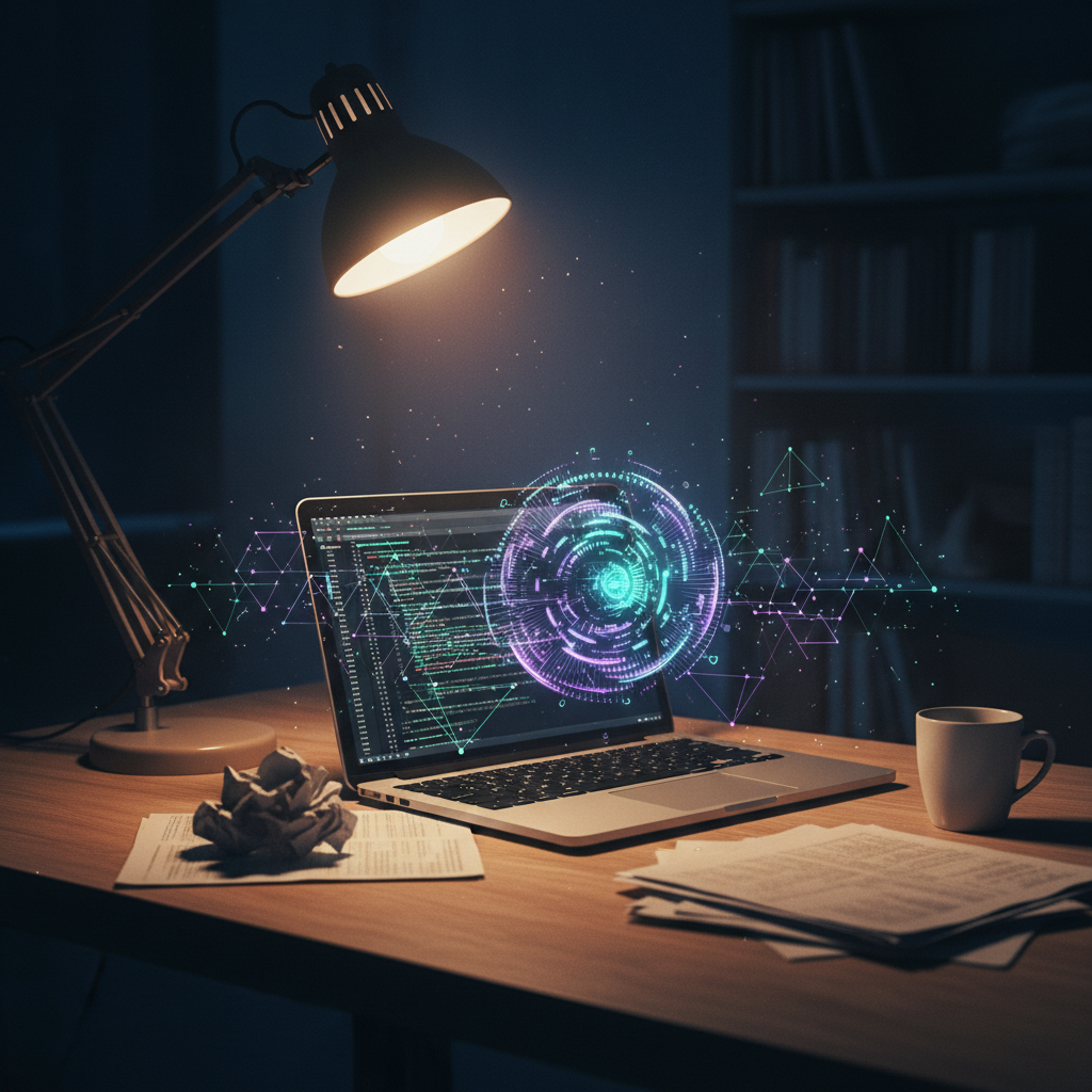 A developer's desk at night, symbolizing the struggle of coding and the question: can an autonomous coding agent replace a junior developer?