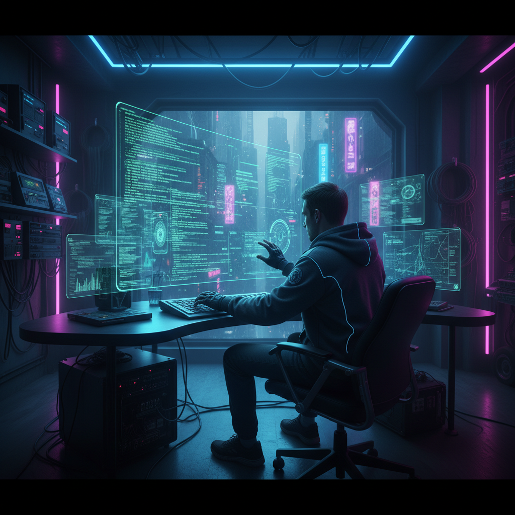 A developer in 2026 figuring out how to get access to Claude 5 free without paying by using a complex holographic interface.