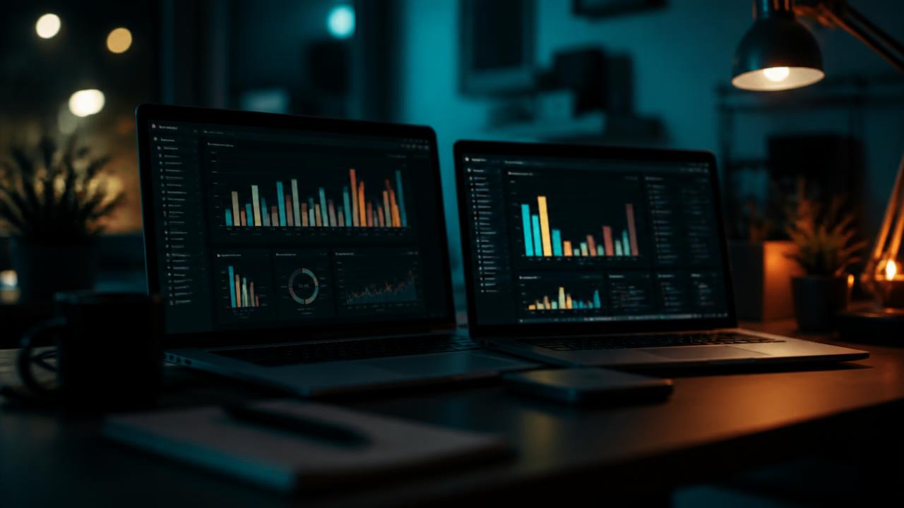Two laptops side by side showing AI benchmark dashboards, comparing Claude vs ChatGPT performance