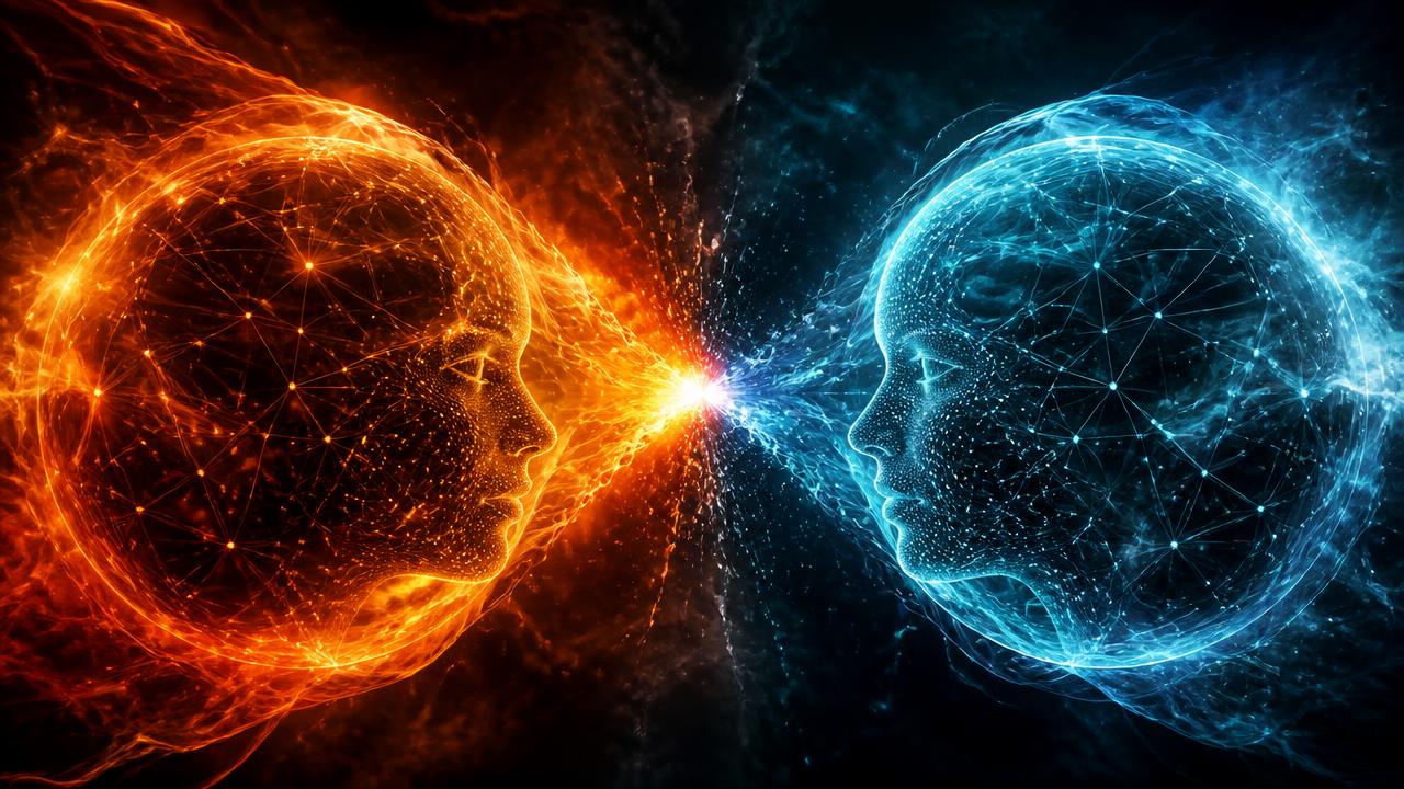 Claude vs ChatGPT 2026 benchmark face-off: orange and blue AI minds colliding
