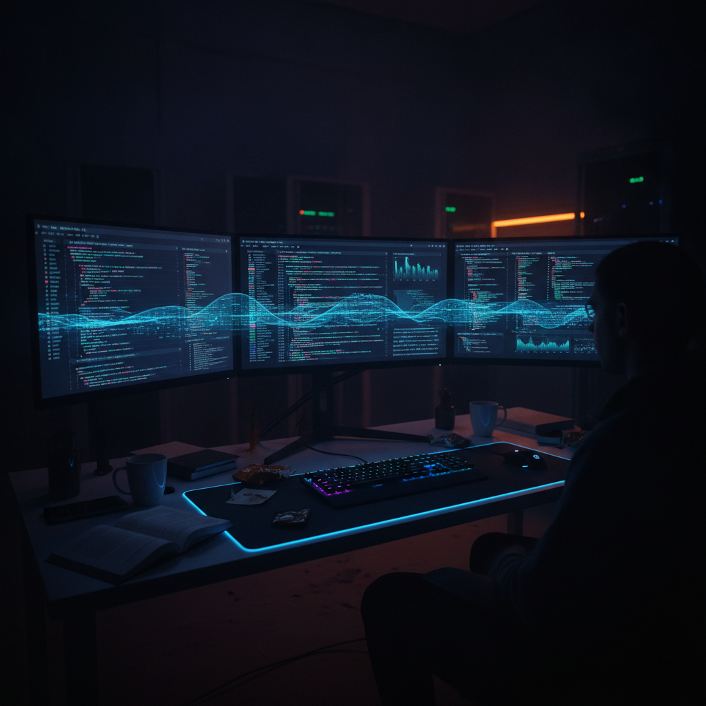 A desk with code on screens, illustrating how to build an autonomous AI coding agent with Claude Fable 5 in 2026.