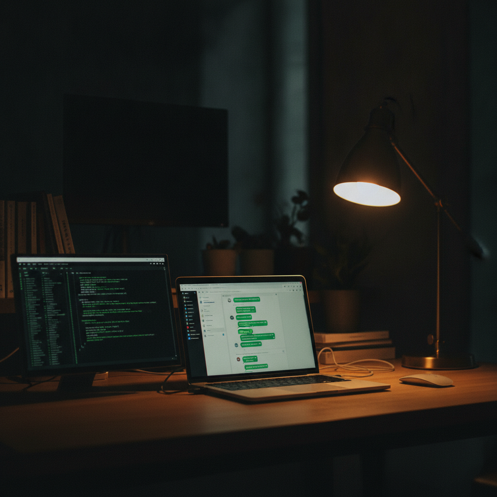 A developer's desk showing the result of this guide on how to create a WhatsApp AI chatbot using a free open source API.