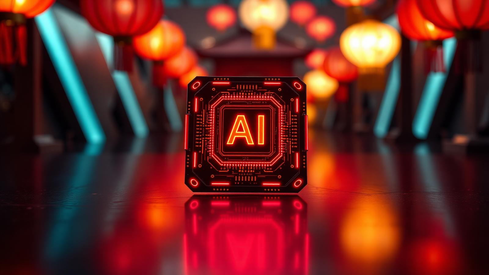 Glowing AI chip labeled AI in front of red Chinese lanterns, representing China Moonshot AI Kimi K3 launch