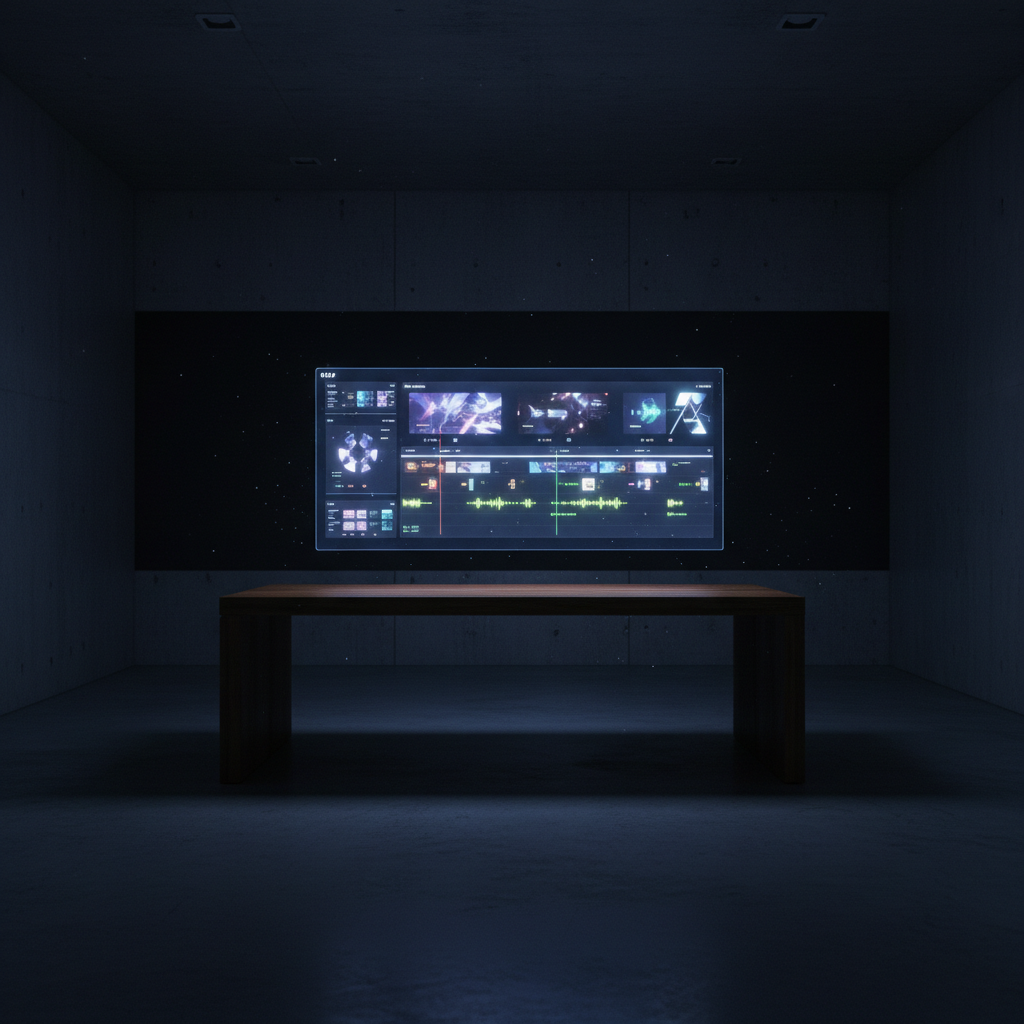 A futuristic depiction of the NotebookLM cinematic video and shorts video feature 2026, showing a holographic editing timeline.