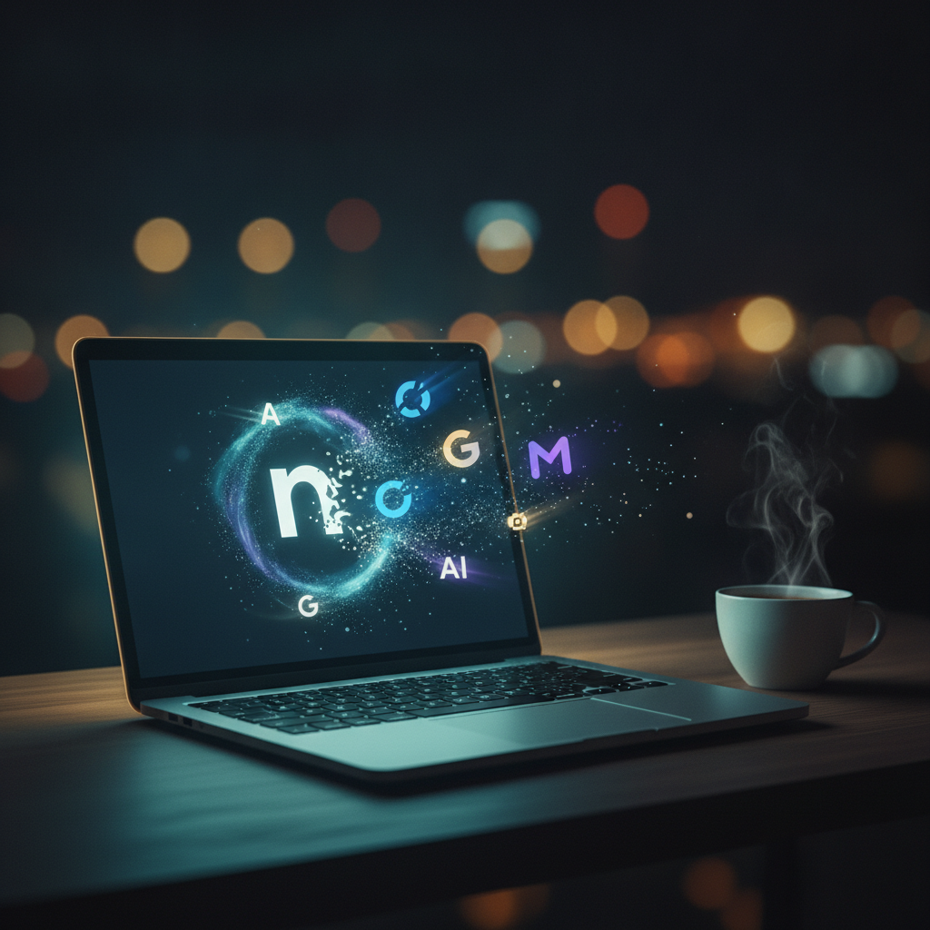 A stylized artistic render of a laptop showing the Notion logo dissolving into a nebula of other AI logos, illustrating the notion ai free enterprise 1 year rare method 2026.