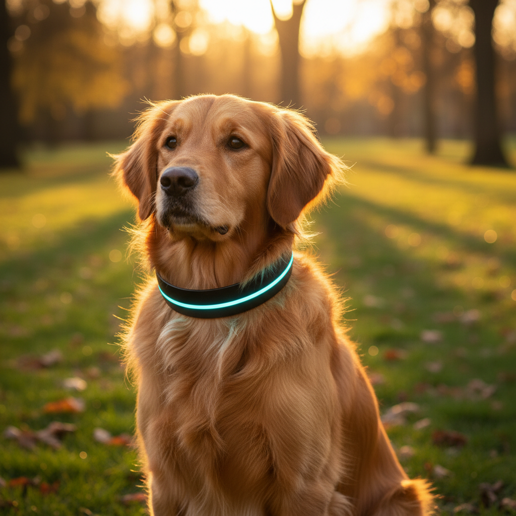 A sleek, dark gray PettiChat AI Collar shown on a Labrador, with the app interface on a phone beside it displaying health metrics and a chat bubble.